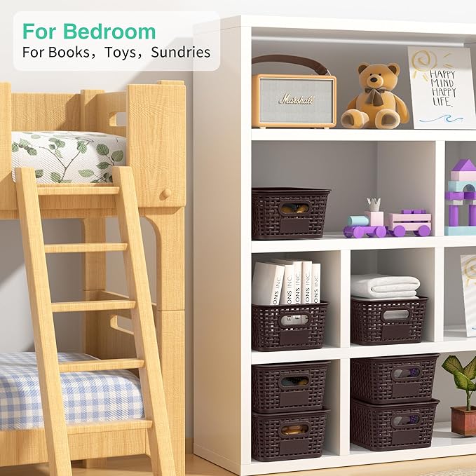 8-Pack Brown Plastic Storage Baskets with Lids Label Organizers Stackable Organizer Containers: For Organizing Shelves Drawers Desk Closets Playrooms Classrooms Offices
