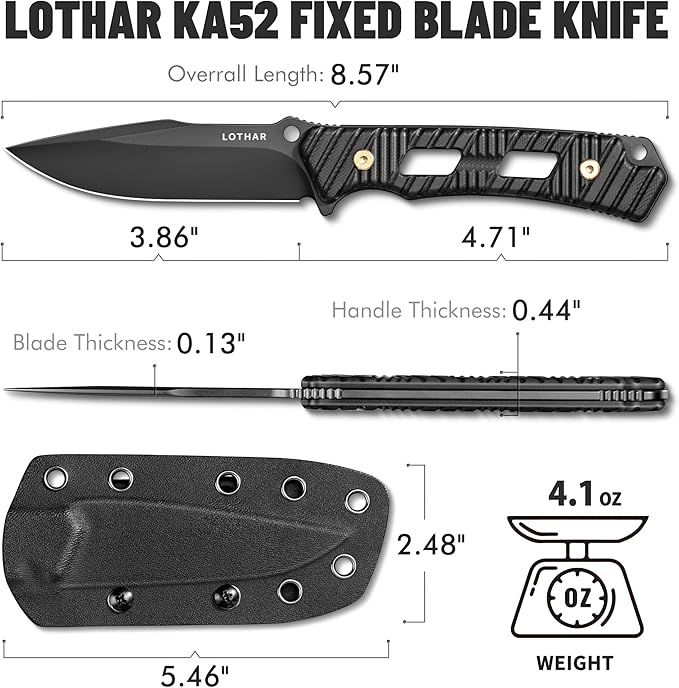 LOTHAR KA52 Fixed Blade Knife with Sheath D2 Steel Survival Tactical Hunting Knife for Camping Bushcraft Outdoor Vertical Horizontal Carry Cool Full Tang Knives Survival Tactical Gear Christmas Val