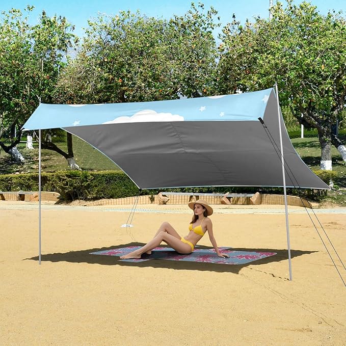 Beach Canopy with Windproof Ropes &amp Sandbags Beach Tent Sun Shade Sun Shelter for Camping Trips Fishing Backyard Fun or Picnics Cloud