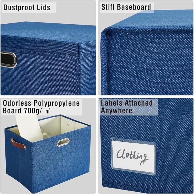 15 Large Collapsible Storage Bins with Lids Stackable Closet Organizers with PU Handle and Labels 3-Pack Decorative Fabric Storage Boxes for Home Bedroom Closet Office Nursery(Navy Blue)