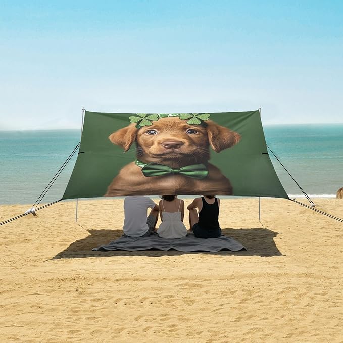 ALAZA St. Patrick's Day Labrador Wearing Headband Clover Leaves Bow Tie Beach Tent Sun Shelter Portable Canopy Sunshade for Outdoor Camping Picnics Backyard Fun 10x9 ft