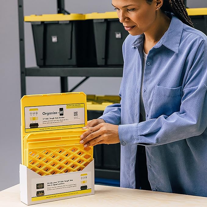 ORGANIZE-IT! 4 Pack 6 Slot Tote Dividers Durable Plastic Stationery Customizable Organizers for 27 Gallon Storage Containers Yellow