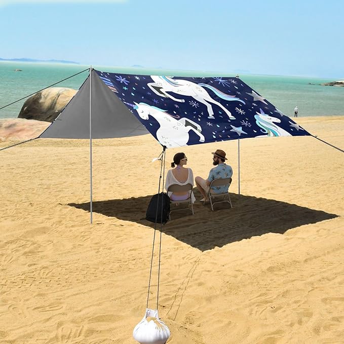 ALAZA Repeating White Unicorns Rainbows Pattern Beach Tent Sun Shelter Portable Canopy Sunshade for Outdoor Camping Picnics Backyard Fun 10x9 ft