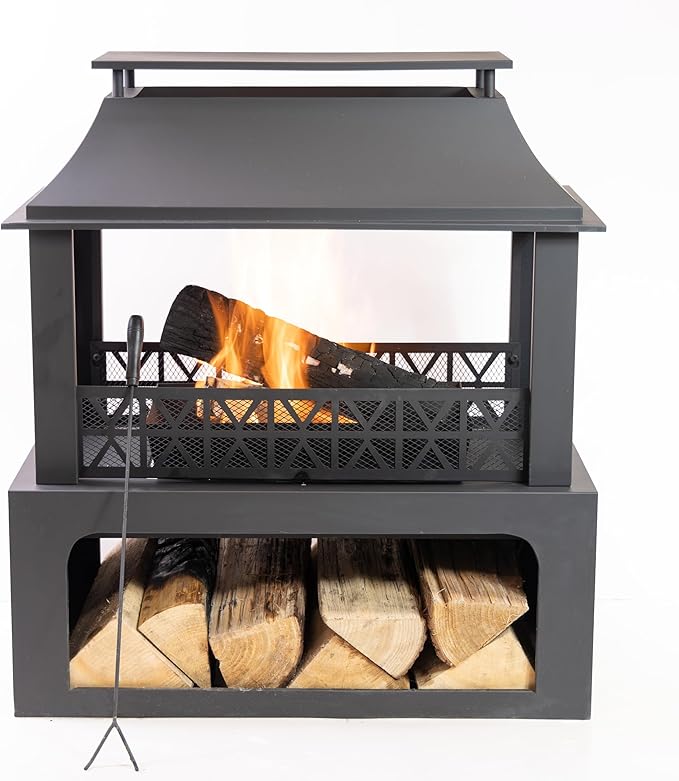 36 Rectangular Steel Outdoor Wood Burning Fireplace - Outdoor Fireplace with Adjustable Cooking Grill &amp Log Storage Compartment - Camping Fire Place with Safety Screen and Poker