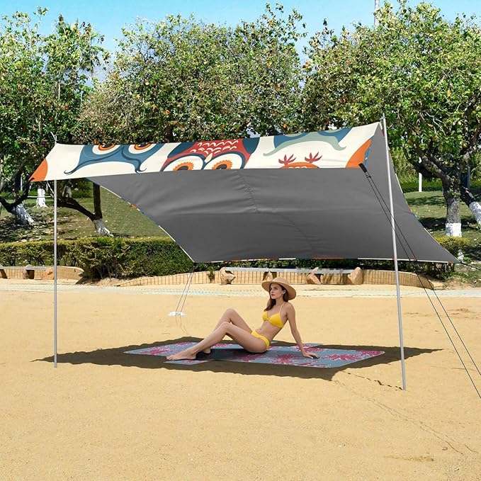 ALAZA Colorful Owl Cartoon Seamless Beach Tent Sun Shelter Portable Canopy Sunshade for Outdoor Camping Picnics Backyard Fun 10x9 ft