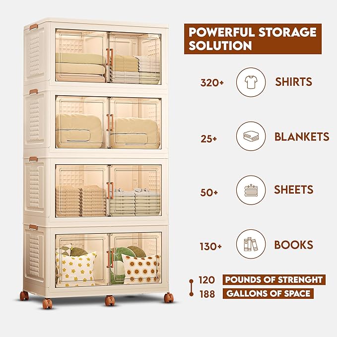 FINCHESCLUB Stackable Storage Bins 752QT Foldable Collapsible Stackable Storage Bins with Doors and Wheels Extra Large Stackable Closet Storage 4 Pack