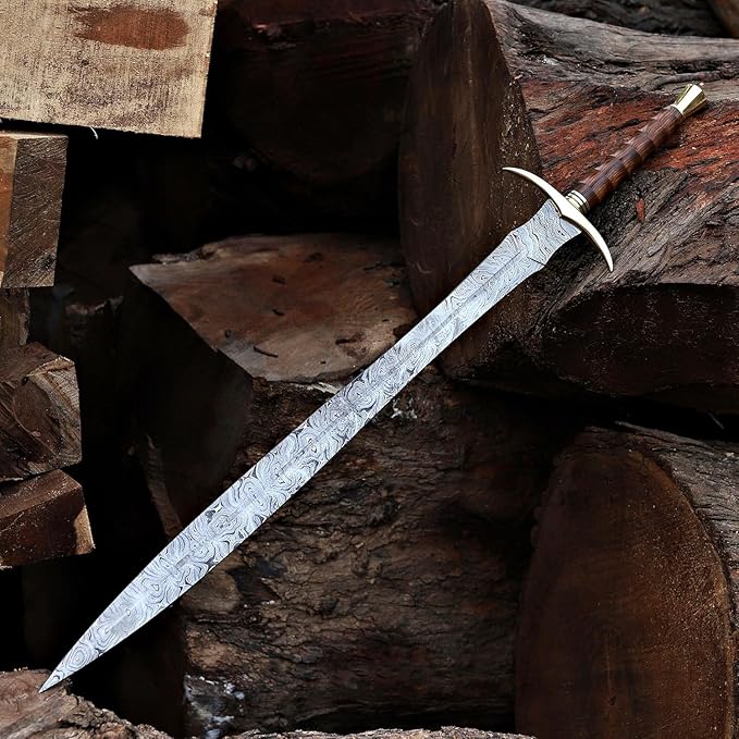 Dark Warrior - 36” Handmade Power The Real Medieval Viking Damascus Steel Handmade Sword with Leather Sheath Damascus Steel Double Edge Vikings Sword Gift for Him