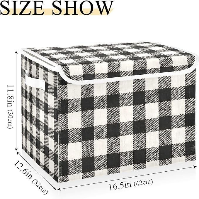 Black White Buffalo Plaid Large Storage Bins with Linen Foldable Storage Cubes Fabric Closet Organizer Containers box with Flip-Top Lid for Home Office 16.5 x 12.6 x 11.8 IN