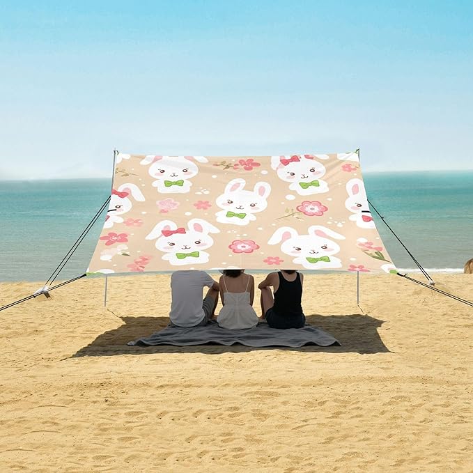 Rabbit Beach Canopy Sun Shelter with Sandbags &amp Sand Shovel &amp Windproof Ropes - Portable 110x126 Beach Shade Beach Tent for Camping Picnics