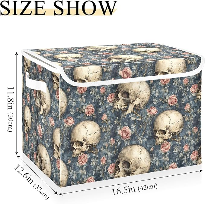 Storage Cube with Lid Flowers Skulls Print 16.5×12.6×11.8 IN 1 Pack Collapsible Large Capacity Foldable Storage Basket Bin Organizer