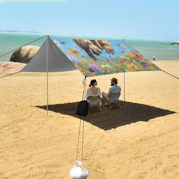 ALAZA Highland Cattle Running Among The Flowers Beach Tent Sun Shelter Portable Canopy Sunshade for Outdoor Camping Picnics Backyard Fun 10x9 ft