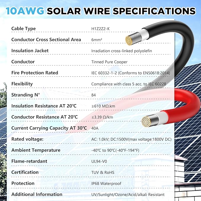 Solar Panel Wire 65Ft Solar Wire 10AWG Solar Extension Cable Solar Panel Cable 10 Gauge Wire Tinned Copper PV Wire for Home Roofs RV Camping Boat Solar Panels