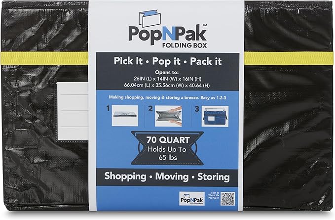 2- Pack Pop N Pak Collapsible Storage Box Black 70 Quart Capacity 26x14x16 Inches Folding Design