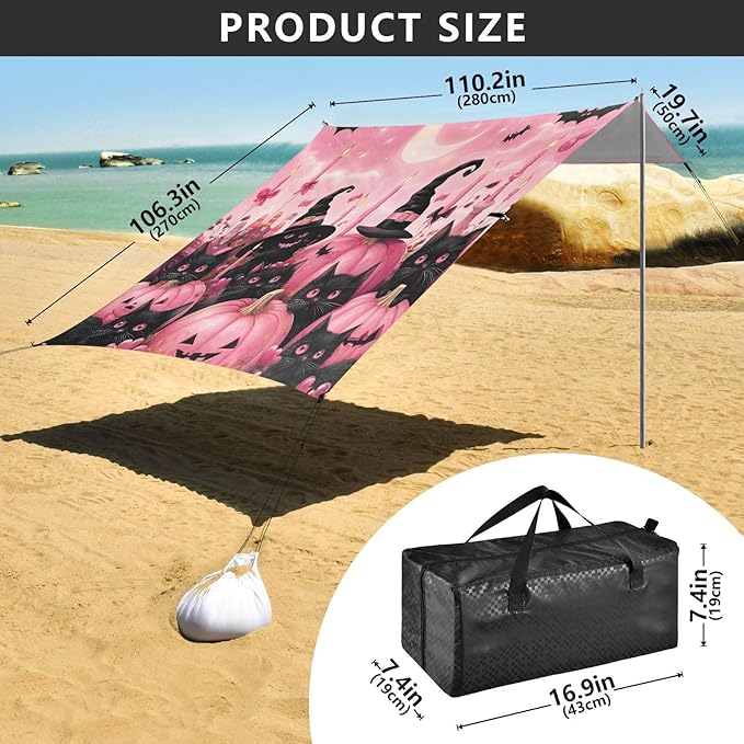 ALAZA Pink Pumpkins Black Cats Halloween Beach Tent Sun Shelter UPF50+ Protection Beach Shade Canopy w/ 4 Sandbags for Outdoor Camping Fishing Backyard Fun Picnic 10x9 ft