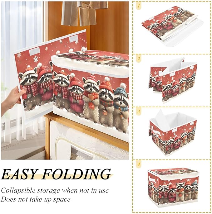 AIXIWAWA Lidded Storage Cube (Christmas Raccoon) Fabric Foldable Closet Bins with Flip Lid and Handles Organizer Basket Container 16.5 x 12.6 x 11.8 IN