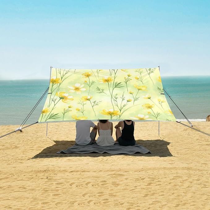 xigua Yellow Flowers Beach Tent Sun Shelter with Carrying Bag - Silver Coated Oxford Fabric Beach Canopy for Beach Camping Fishing - Includes Windproof Ropes Sandbags &amp Stakes