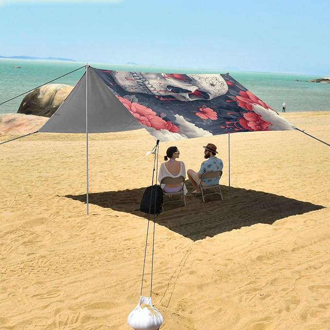 ALAZA Skull Flower Beach Tent Sun Shelter UPF50+ Protection Beach Shade Canopy w/ 4 Sandbags for Outdoor Camping Fishing Backyard Fun Picnic 10x9 ft