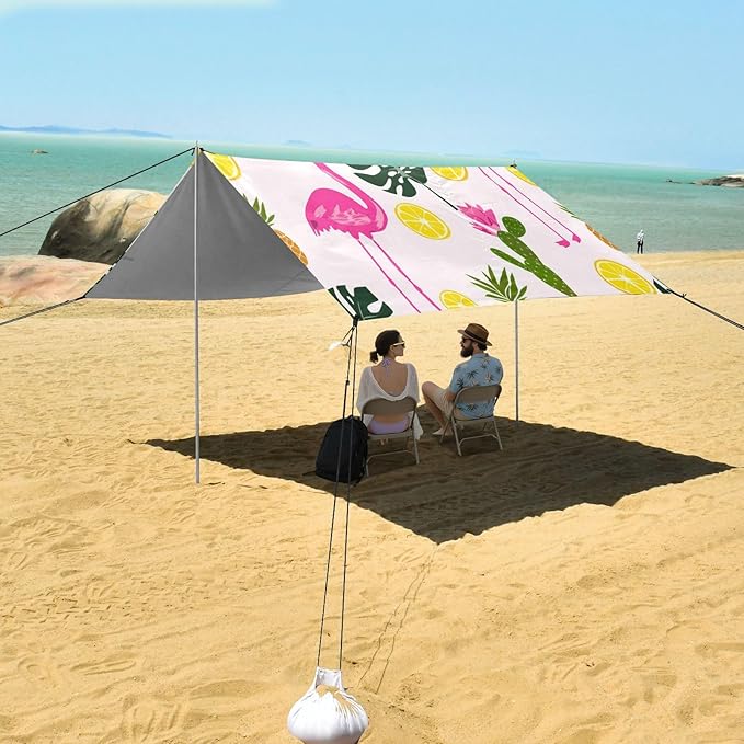 xigua Flamingos Beach Tent Sun Shelter with Carrying Bag - Silver Coated Oxford Fabric Beach Canopy for Beach Camping Fishing - Includes Windproof Ropes Sandbags &amp Stakes