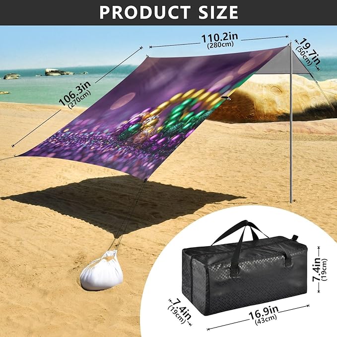 Mardi Gras Carnival Glowing Beach Tent Sun Shelter Set UPF50+ UV Protection 10.5 x 9.19 FT Camping Shade Canopy with Sandbags Sand Anchors Carrying Bag and Others