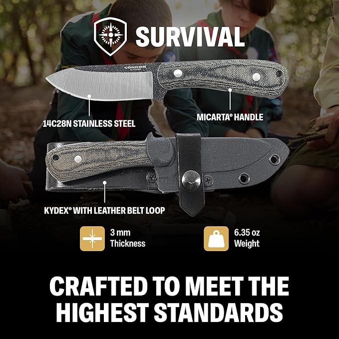 Condor Tool &amp Knife Ceres Knife - 3.59 In Sandvik 14C28N Stainless Steel - Flat Grind w/Second Bevel - Micarta Handle - Kydex w/Leather Belt Sheath Perfect for Camping &amp Survival 6.35 oz