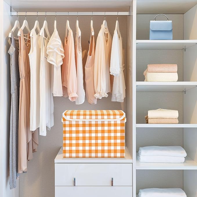 Orange Gingham Checkered Storage Box with Lid 1 PC Foldable Storage Bin with Lids Stackable Storage Bins Cube Closet Organizer Basket with Flip-Top Lid &amp Handles for Shoes Books Towels