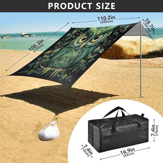 ALAZA Green Owl Print Boho Beach Tent Sun Shelter UPF50+ Protection Beach Shade Canopy w/ 4 Sandbags for Outdoor Camping Fishing Backyard Fun Picnic 10x9 ft