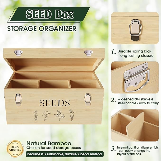 Bamboo Seed Storage Organizer Large Garden Seed Organizer with Lid &amp Safety Lock &amp Handles Seed Box Storage Organizer Includes Seed Envelopes and Labels etc Great Gifts Gardening Kit (Wood)