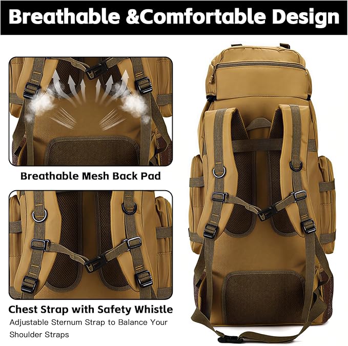 90L Camping Hiking BackpackMolle Military Tactical Rucksack BackpackWaterproof Lightweight Hiking Backpack (Khaki 90L)