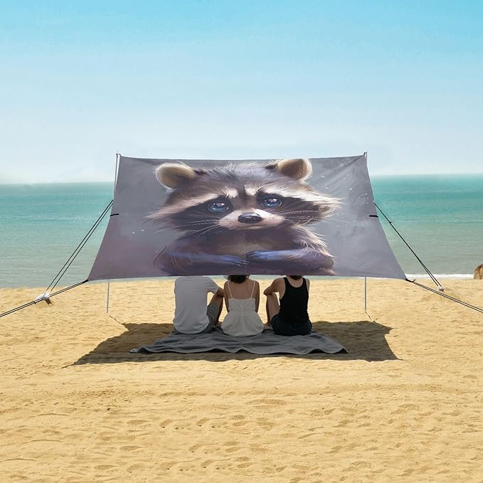 ALAZA Cute Raccoon Baby Animal Beach Tent Sun Shelter UPF50+ Protection Beach Shade Canopy w/ 4 Sandbags for Outdoor Camping Fishing Backyard Fun Picnic 10x9 ft