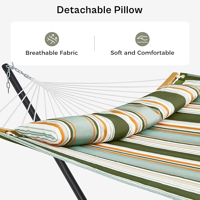 SUPERJARE Hammock with Stand 2 Person Heavy Duty Hammock with Padded Cotton Detachable Pillow &amp Strong Curved-Bar &amp Portable Carrying Bag Perfect for Outdoor &amp Indoor Retro Green