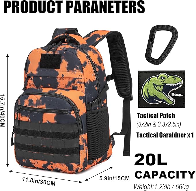 Kids Tactical Backpack Army Molle Bookbag Military Boys Backpack for School Outdoor Camping (Includes 2 Patches+1Carabiner) Mars CM