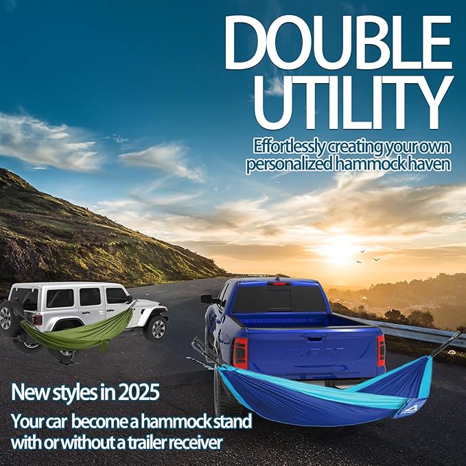 Tire Mount Hammock Stand - Fits Vehicle Tire &amp 2in Hitch Receiver - Includes Parachute Nylon Hammock &amp Storage Bag - for Camping Outdoor Travel (350lbs Weight Capacity) - 2025 New