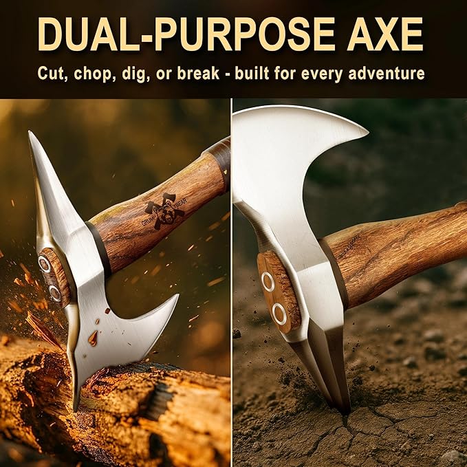 Grumpy Bear 11 Survival Axe Camping Hatchet – Forged High Carbon Steel Blade with Walnut Wood Handle – Shock-Absorbing Anti-Slip Grip – Ideal for Bushcraft Wood Splitting &amp Outdoor Adventures