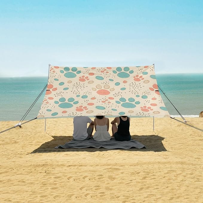 xigua Paw Print Beach Tent Sun Shelter with Carrying Bag - Silver Coated Oxford Fabric Beach Canopy for Beach Camping Fishing - Includes Windproof Ropes Sandbags &amp Stakes