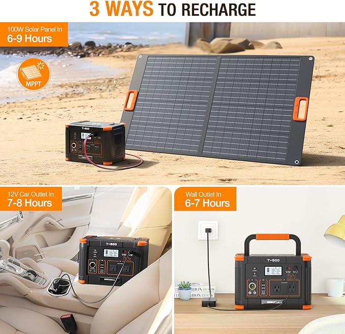 Portable Power Station 500W(Peak 1000W) 519Wh Outdoor Solar Generator Backup Battery Pack with 2 110V AC Outlets 500W 10-Port Powerhouse for RV/Van Camping Fishing Climbing Road Trip Home Emergency
