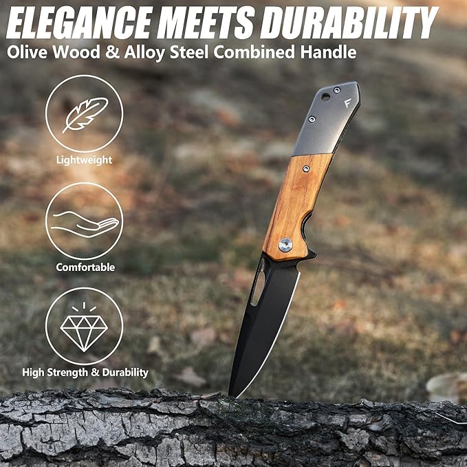 FLISSA Folding Pocket Knife Set SANDVIK 14C28N Steel Blade Knife Olive Wood-Steel Handle and Micarta-Steel Handle Pocket Clip and Thumb Hole for EDC Camping Hiking Outdoor