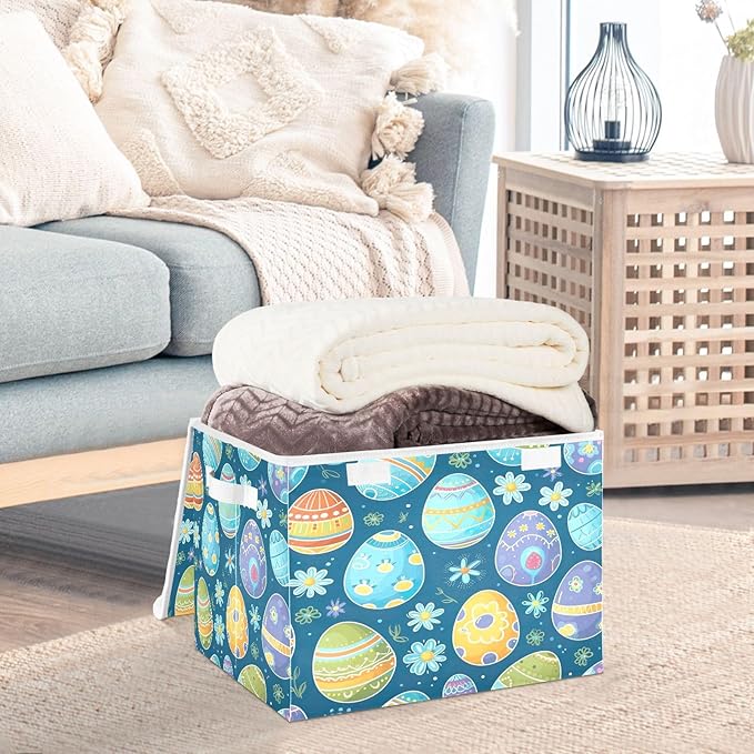 Christmas Storage Baskets with Lids Blue Eggs Collapsible Bins Stackable Fabric Linen Baskets Closet Organizer Container 16.5x12.6x11.8