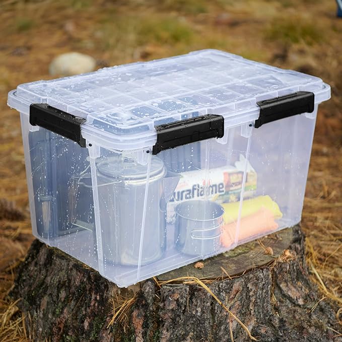 Sterilite 4 Pack 54 Qt Gasket Box Clear Stackable Plastic Storage Container with Lids Black - Waterproof Organizer and Dustproof Tote for Home Organization
