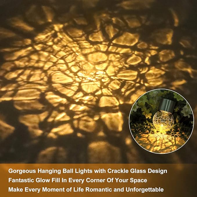 12Pack Hanging Outdoor Solar Lights - Decorative Cracked Glass LED Ball Lights Waterproof Tree Solar Powered Globe Lights with Handle for Garden Yard Patio Fence Christmas Decoration Warm White