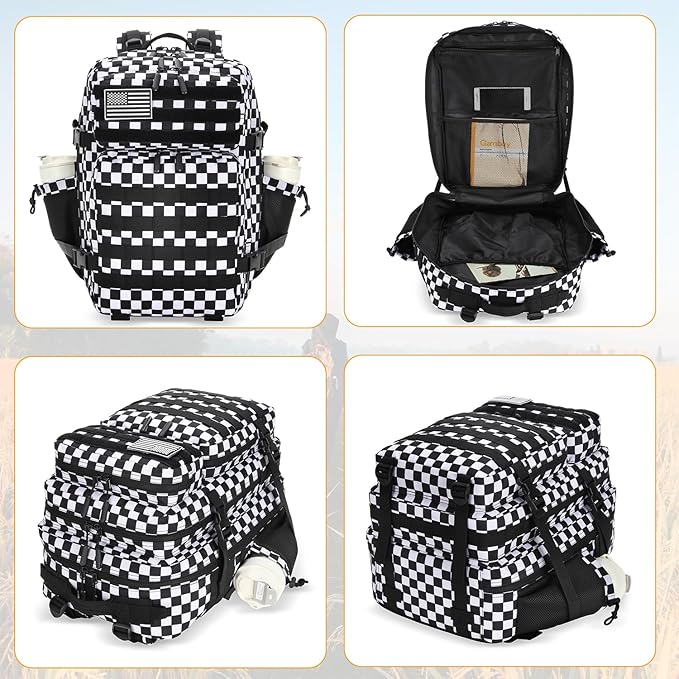 Lovelinks21 25L Tactical Military Backpack Small Travel Rucksack for Men and Women Assault Pack Bug Out Bag Molle Daypack Gym Backpack with Bottle Holder (Black White Checkered)