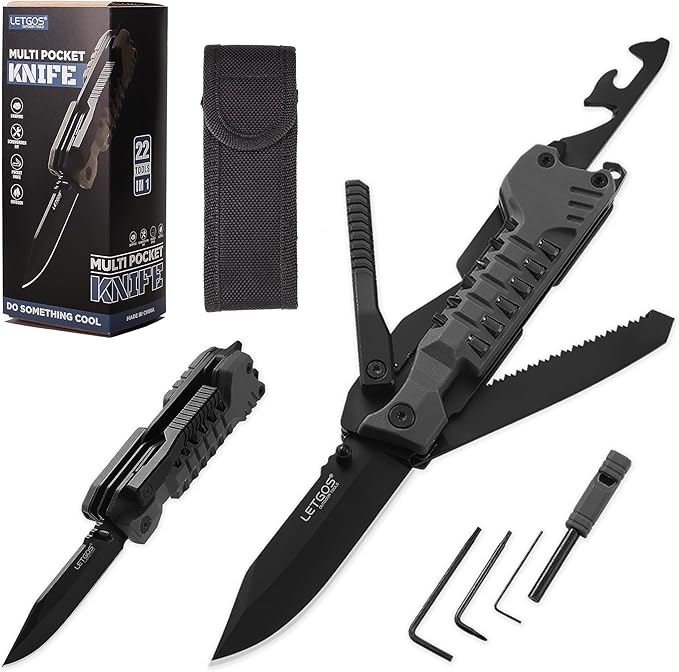 Multi Pocket Knife 22 in 1Survival Gear EDC Tools with Nylon Sheath Emergency Camping Hiking Hunting Gift for Men Women (Cool Black)
