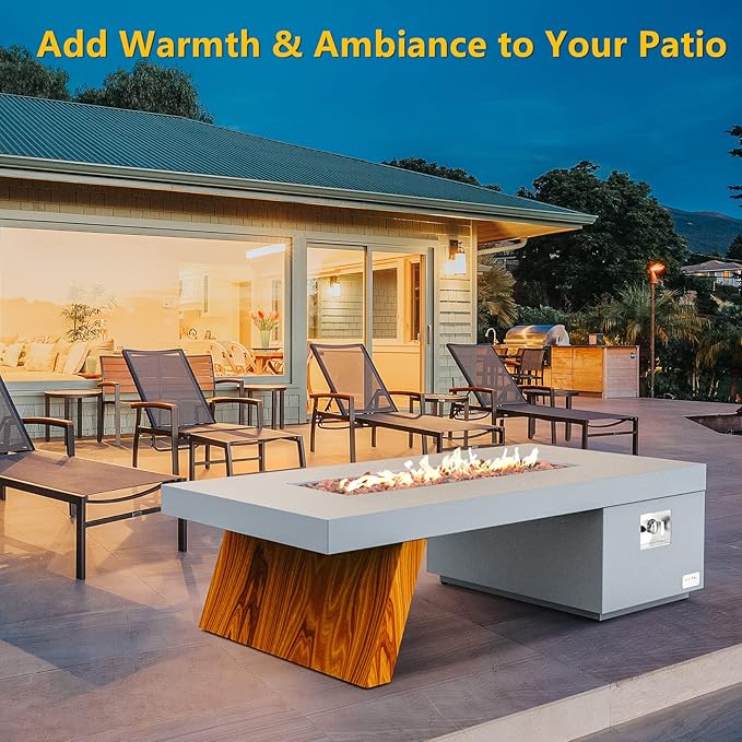 ONLYFIRE OUTDOOR LIVING Premium 60” Gas Fire Pit Table with Unique Wooden-Visual Leg Large Propane Fire Table with Lava Rocks Smokeless Fireplace 60000BTU for Backyard Patio Villa Bonfire FP015