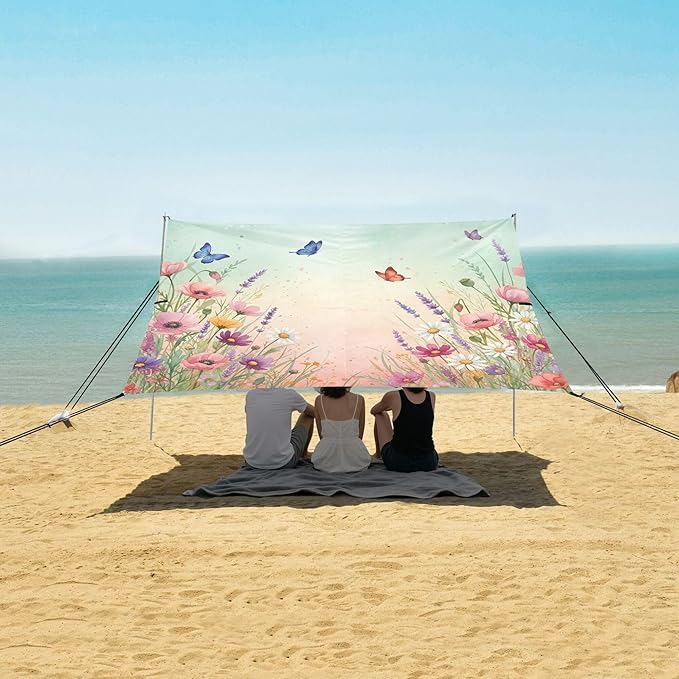 Wildflowers Beach Canopy Sun Shelter with Sandbags &amp Sand Shovel &amp Windproof Ropes - Portable 110x126 Beach Shade Beach Tent for Camping Picnics