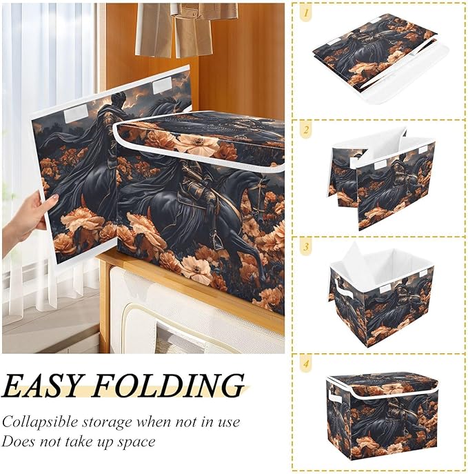 Storage Cube with Lid Floral Knight Print 16.5×12.6×11.8 IN Collapsible Large Capacity Foldable Storage Basket Bin Organizer