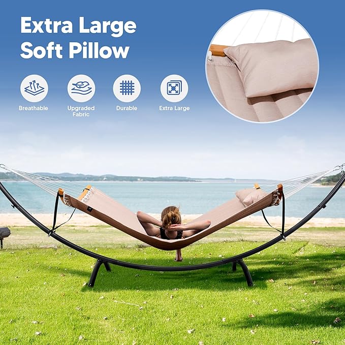 SUNCREAT Portable Double Hammock with Stand Outdoor Standing 2 Person Hammock Combo Patent Pending Tan