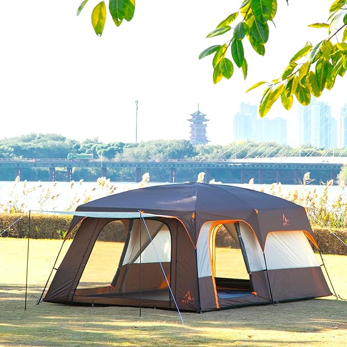 KTT Extra Large Tent 6-10-12-14 Person(A)Family Cabin Tents2 Rooms3 Doors and 3 Windows with MeshStraight WallWaterproofDouble LayerBig Tent for OutdoorPicnicCampingFamily Gathering