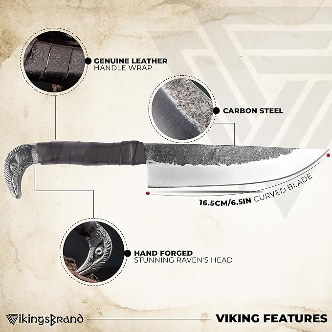 Odin's Raven Norse Viking-styled Knife 10.3 - Hand Forged 6.5 Carbon Steel Blade Raven's Head Hilt and Leather Sheath - Unique Medieval Seax Style - Norse Knife for Hunting &amp Camping