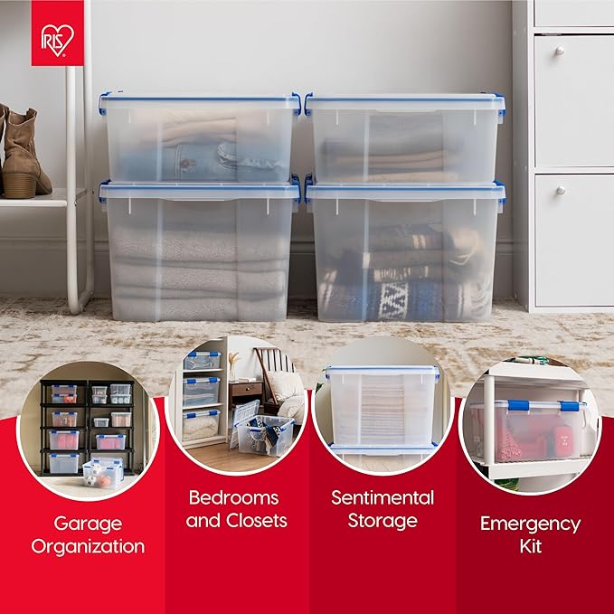 IRIS USA WeatherPro 16 Qt Storage Bins with Lids 3 Pack BPA-Free Plastic Gasket Box with Tight Latch and Seal Stackable Nestable Tote Tub - Clear/Blue