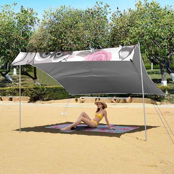 ALAZA Cute Cartoon Raccoons Rose Beach Tent Sun Shelter Portable Canopy Sunshade for Outdoor Camping Picnics Backyard Fun 10x9 ft