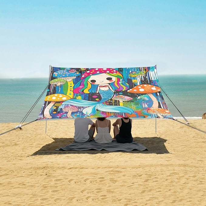 Funny Mermaid3 Beach Cabana Tent UPF50+ Lightweight Portable Sun Shelter with Sandbags and Shovel for Camping Fishing Backyard Fun